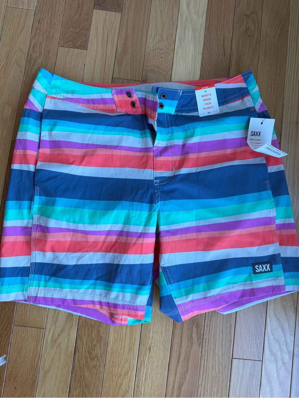 Saxx Multicolor Horizontal Stripe Swim Trunks — Teal, Coral, Navy, Purple, White